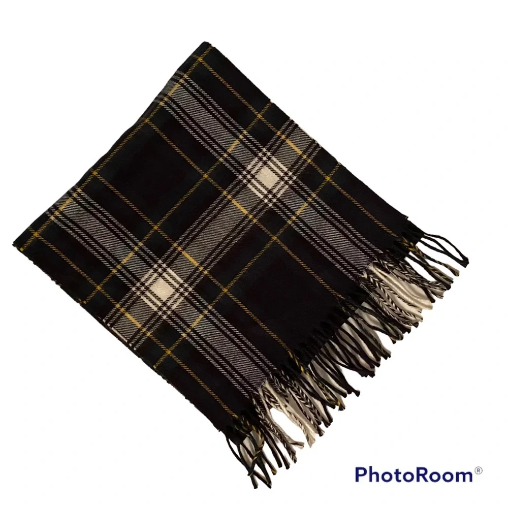 CHRISTIAN DIOR MENS SCARF BLUE WHITE PLAID MUFFLER ACCESSORY FRINGE VINTAGE